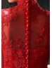 Red Lace Tulle High Neck Mermaid Long Wedding Dress